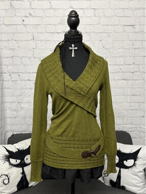 Y2K Le Chateau Olive Green Sweater W Shawl Collar And Buckled Waist Detail Sz S